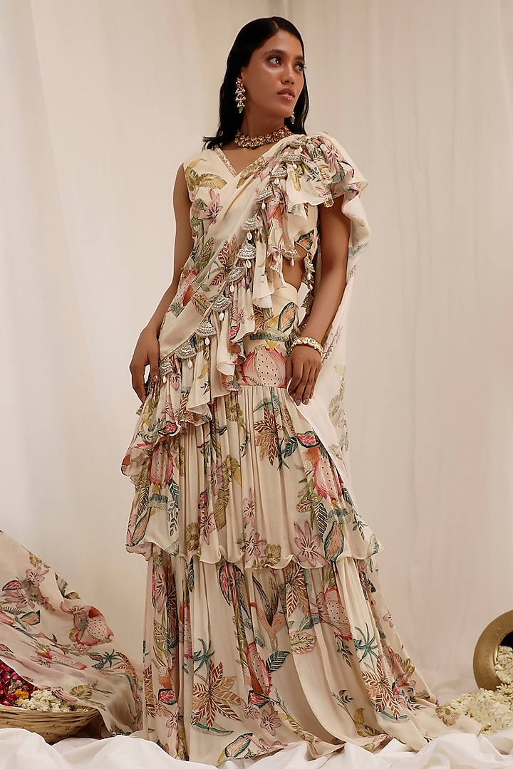 Pale Peach Organza & Chinon Floral Printed Draped Party Wear Saree Set by Surkh Syahi at Pernia's Pop Up Shop