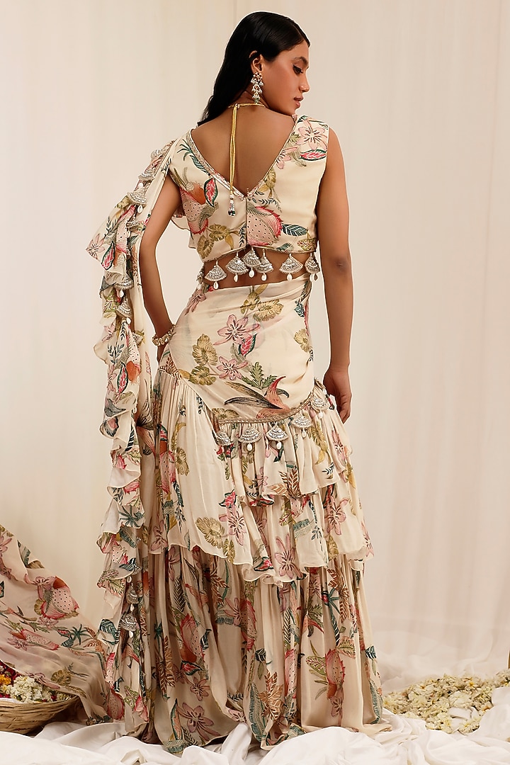 Pale Peach Chinon Floral Printed Draped Party Wear Saree Set by Surkh Syahi at Pernia's Pop Up Shop