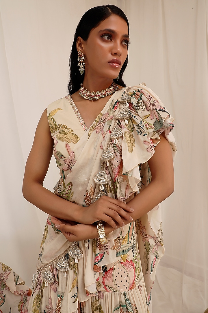 Pale Peach Chinon Floral Printed Draped Party Wear Saree Set by Surkh Syahi at Pernia's Pop Up Shop