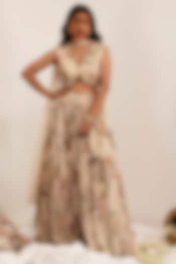 Pale Peach Organza & Chinon Floral Printed Lehenga Set by Surkh Syahi at Pernia's Pop Up Shop