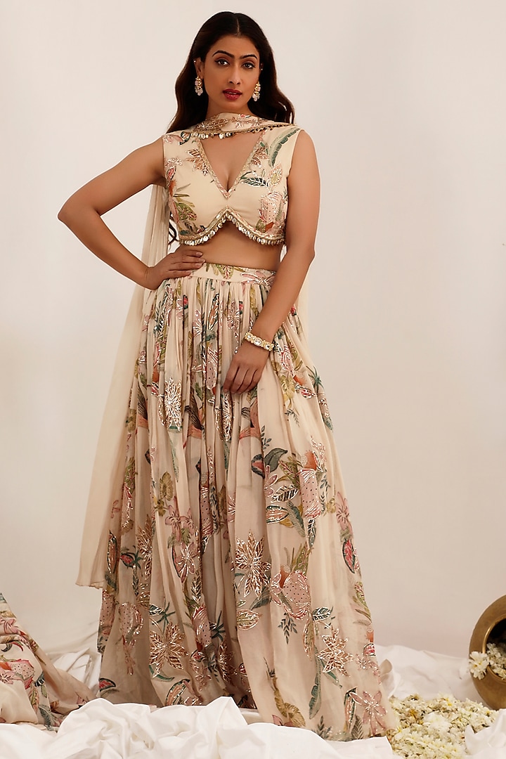 Pale Peach Organza & Chinon Floral Printed Lehenga Set by Surkh Syahi at Pernia's Pop Up Shop