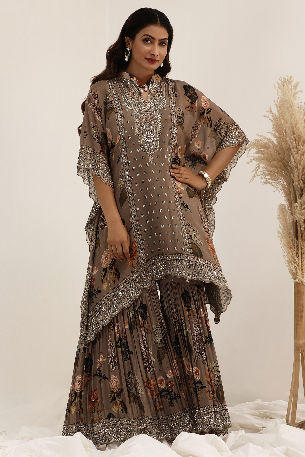 Judge Grey Chinon Floral Printed & Mirror Embroidered Kaftan Set by Surkh Syahi at Pernia's Pop Up Shop