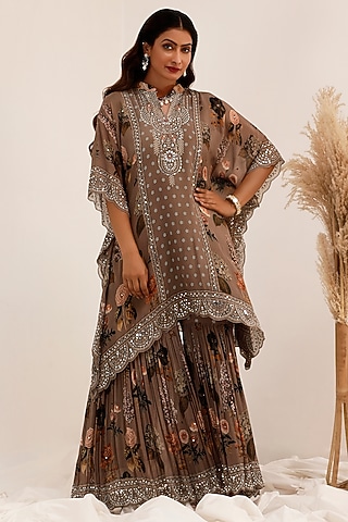 Judge Grey Crepe Floral Printed A-Line Kaftan Set by Surkh Syahi