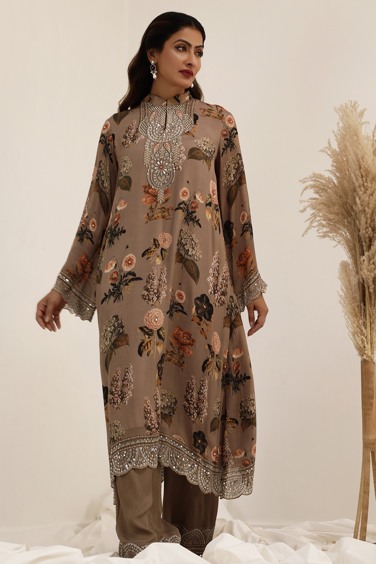 Judge Grey Crepe Floral Printed & Sequins Embroidered A-Line Kurta Set by Surkh Syahi at Pernia's Pop Up Shop