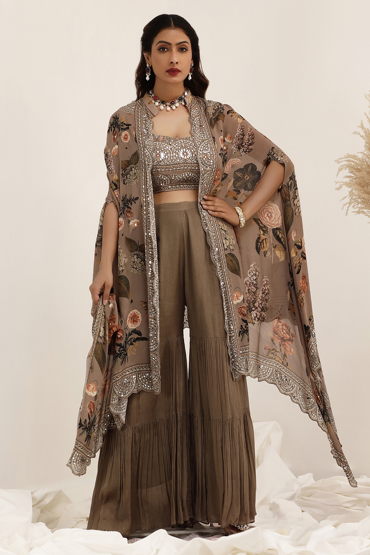 Judge Grey Crepe Floral Printed & Sequins Embroidered Cape Set by Surkh Syahi at Pernia's Pop Up Shop