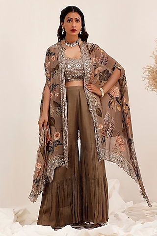 Judge Grey Chinon Floral Printed & Mirror Embroidered Cape Set by Surkh Syahi