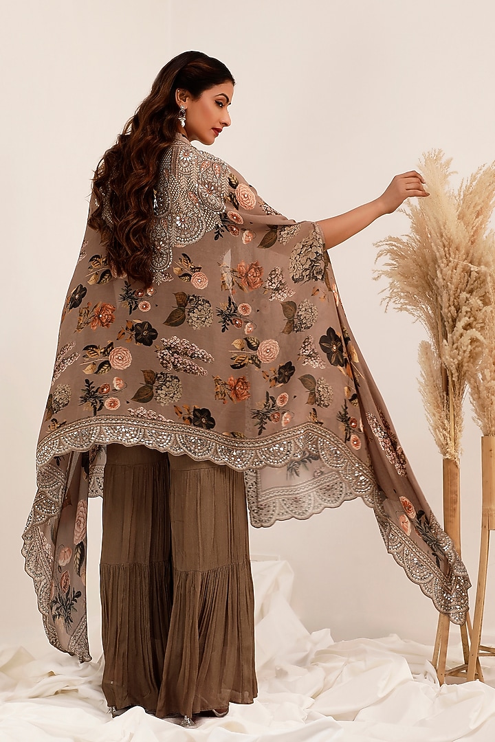 Judge Grey Chinon Floral Printed & Mirror Embroidered Cape Set by Surkh Syahi at Pernia's Pop Up Shop