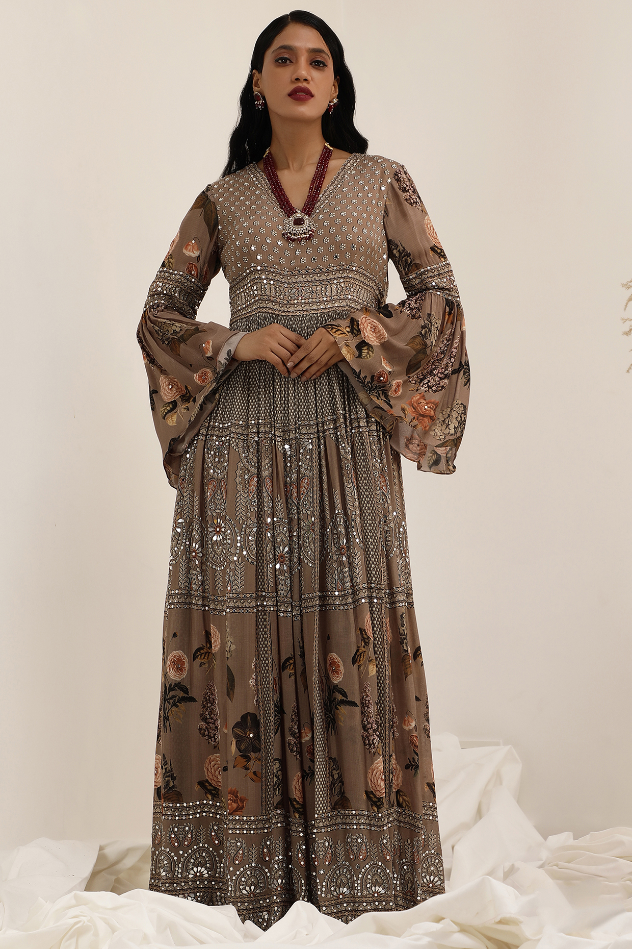 Judge Grey Crepe Floral Printed & Sequins Embroidered Party Wear Anarkali by Surkh Syahi at Pernia's Pop Up Shop