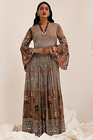 Judge Grey Chinon Floral Printed & Mirror Work Anarkali by Surkh Syahi