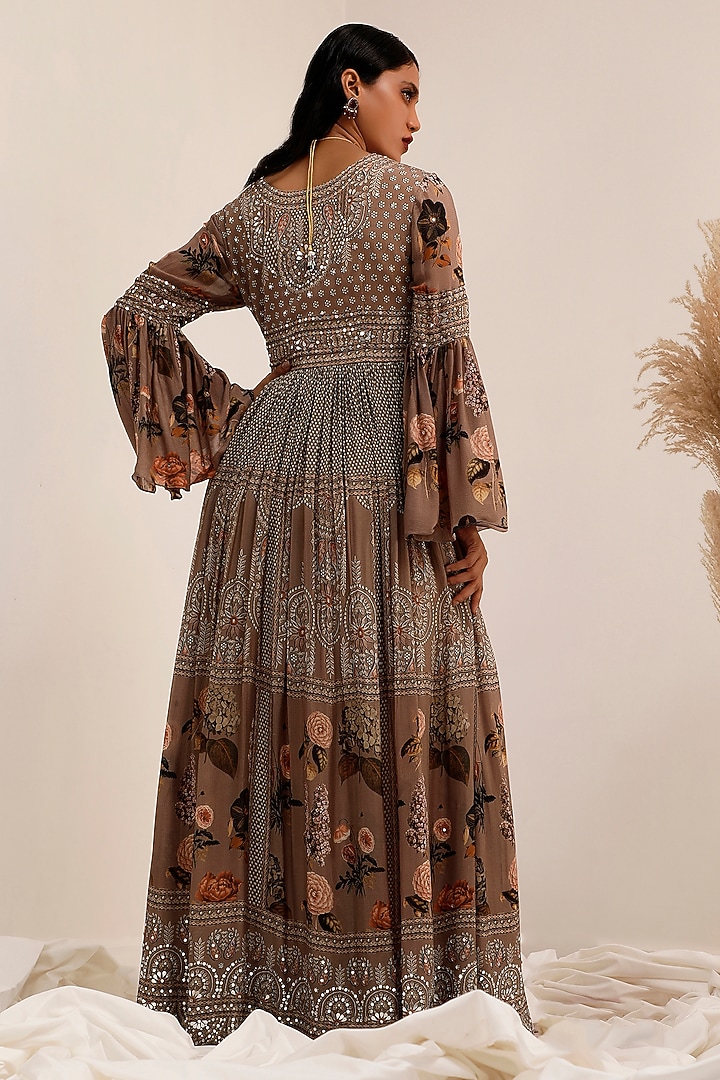 Judge Grey Chinon Floral Printed & Mirror Work Party Wear Anarkali by Surkh Syahi at Pernia's Pop Up Shop