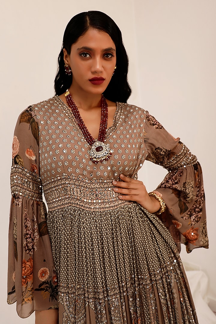 Judge Grey Chinon Floral Printed & Mirror Work Party Wear Anarkali by Surkh Syahi at Pernia's Pop Up Shop