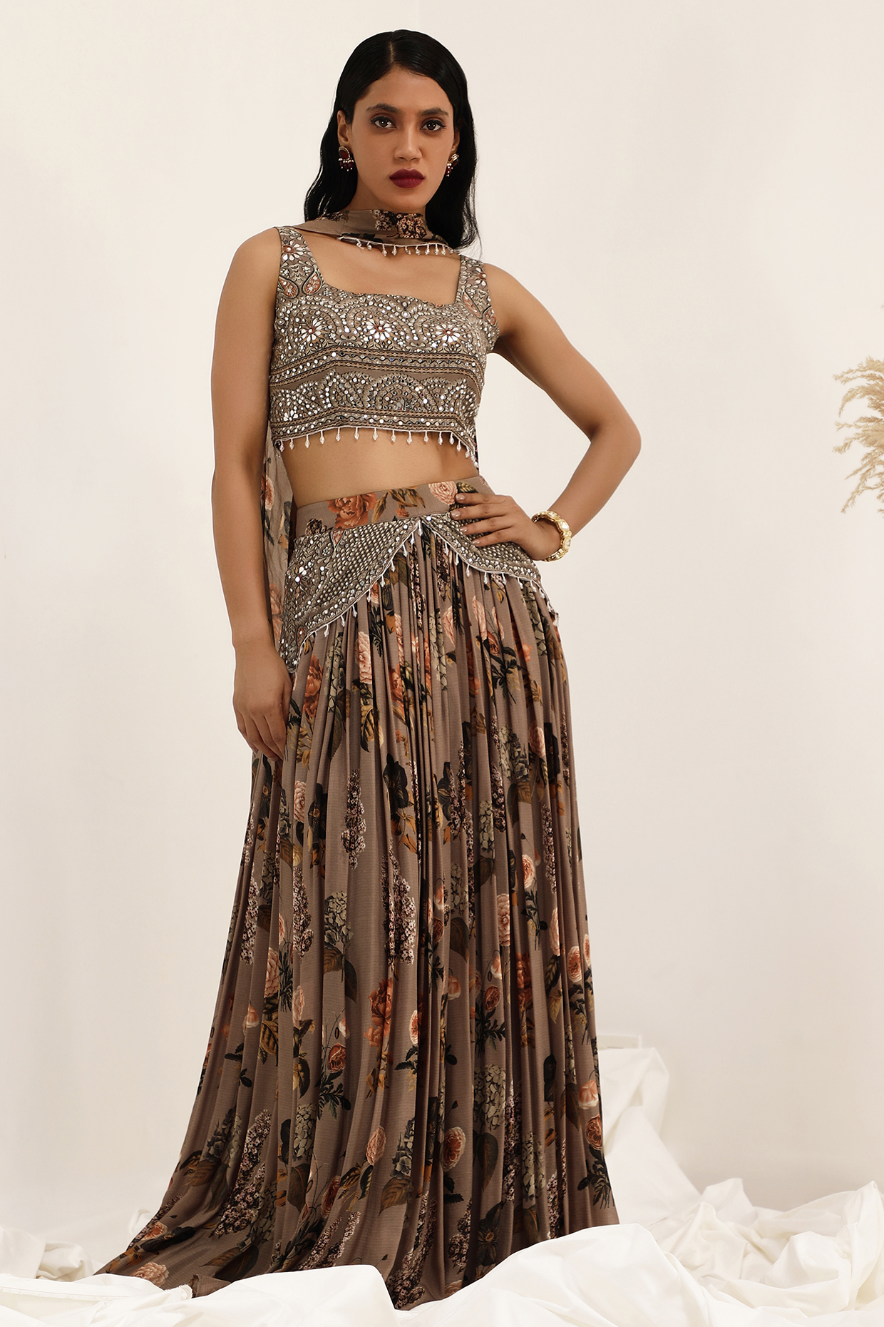 Judge Grey Crepe Floral Printed & Mirror Work Lehenga Set by Surkh Syahi at Pernia's Pop Up Shop