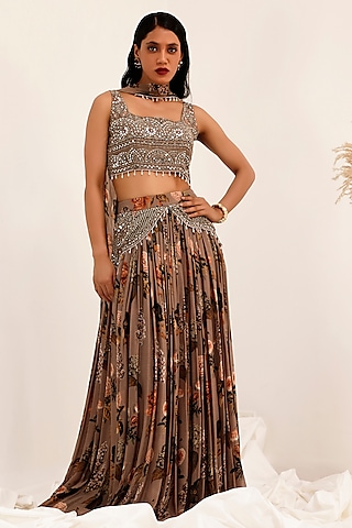 Judge Grey Chinon Floral Printed & Mirror Work Lehenga Set by Surkh Syahi
