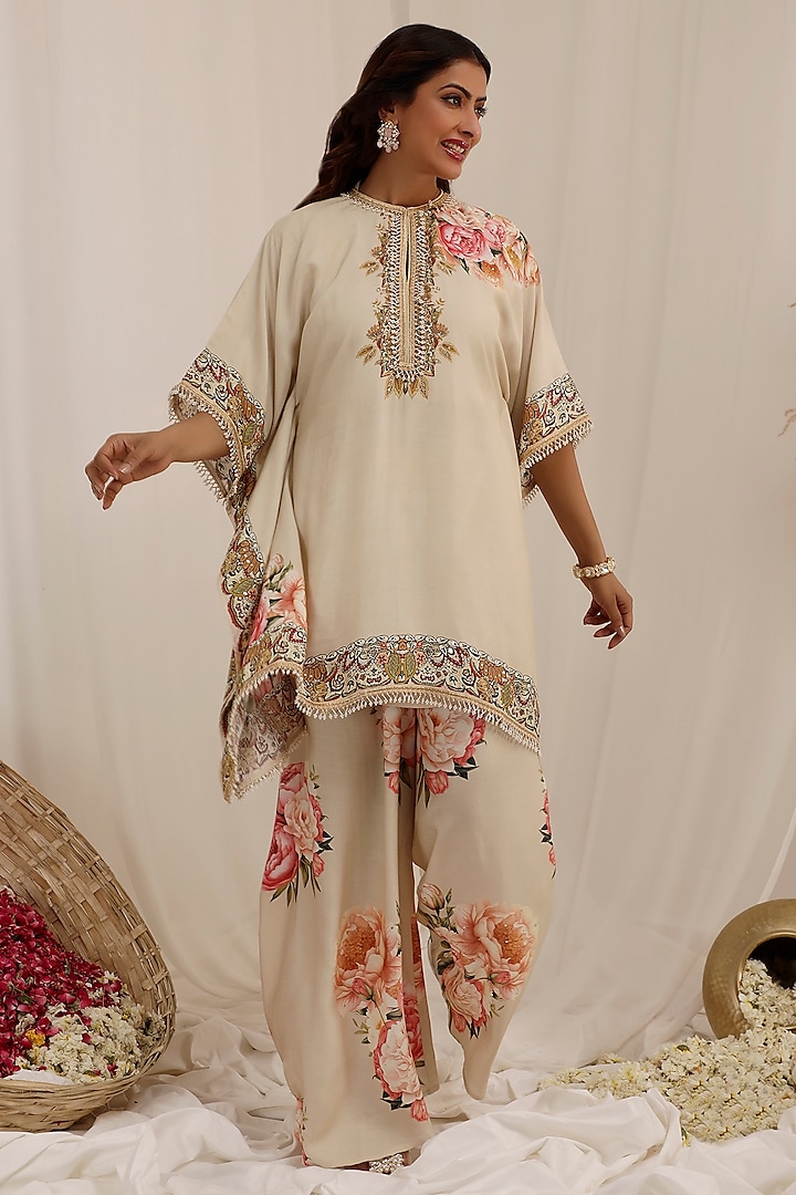Beige Muslin Floral Printed & Sequins Embroidered Kaftan Set by Surkh Syahi at Pernia's Pop Up Shop