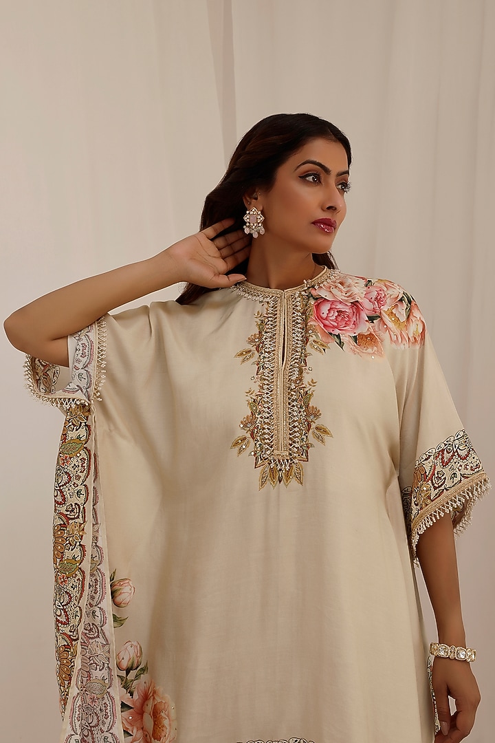 Beige Muslin Floral Printed Kaftan Set by Surkh Syahi at Pernia's Pop Up Shop