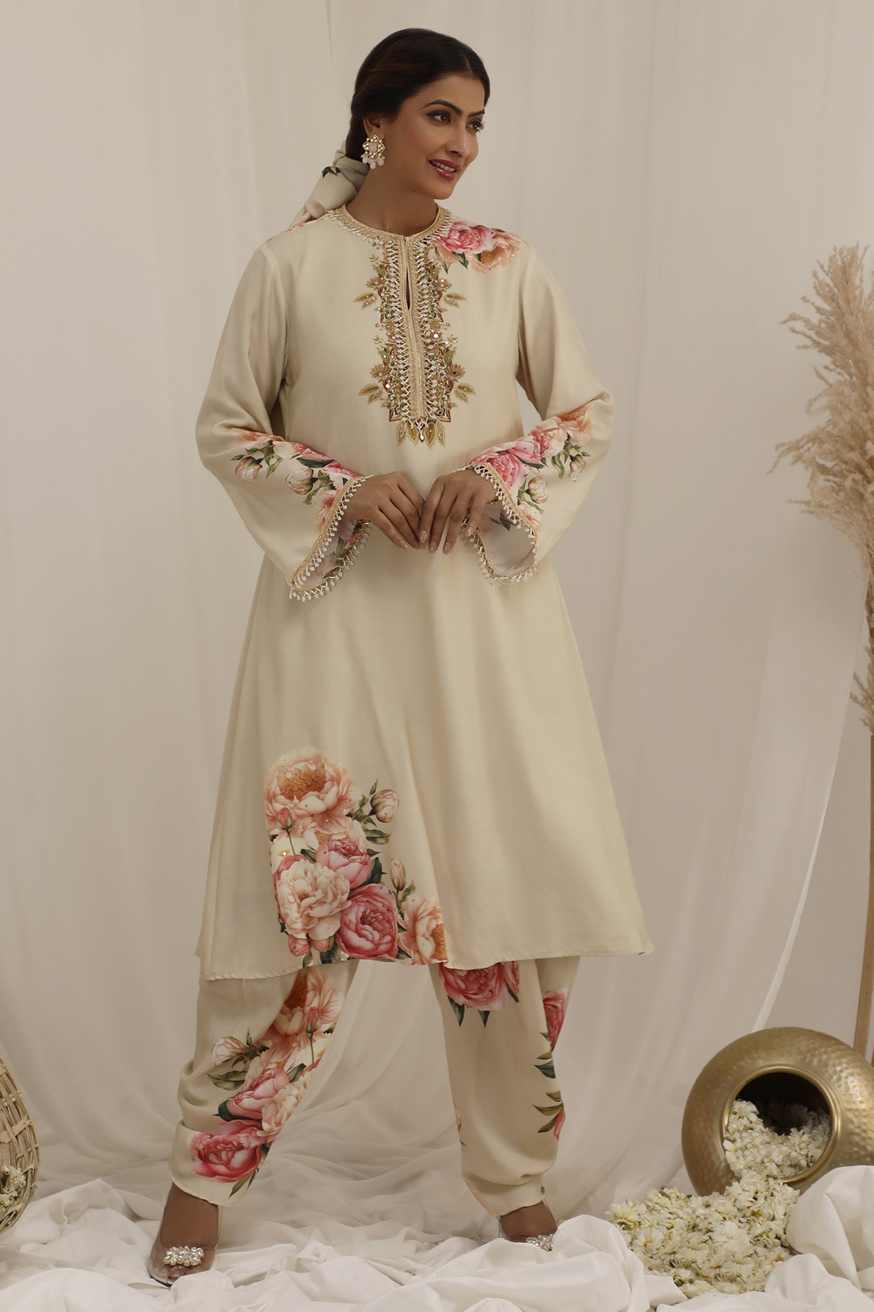 Beige Muslin Floral Printed & Sequins Embroidered A-Line Kurta Set by Surkh Syahi at Pernia's Pop Up Shop