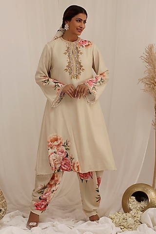 Beige Muslin Floral Printed A-Line Kurta Set by Surkh Syahi