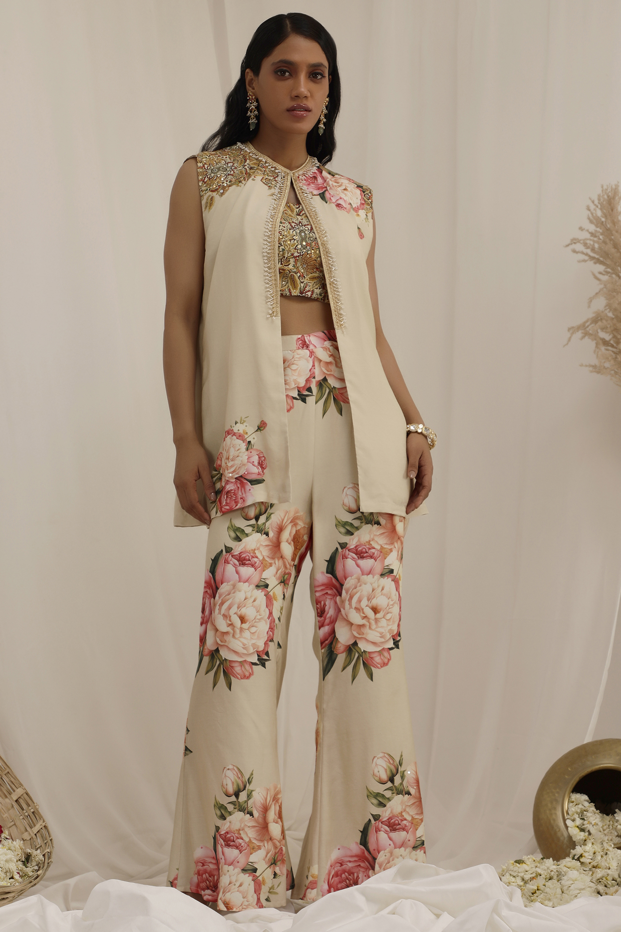 Beige Muslin Floral Printed & Mirror Embroidered Jacket Set by Surkh Syahi at Pernia's Pop Up Shop