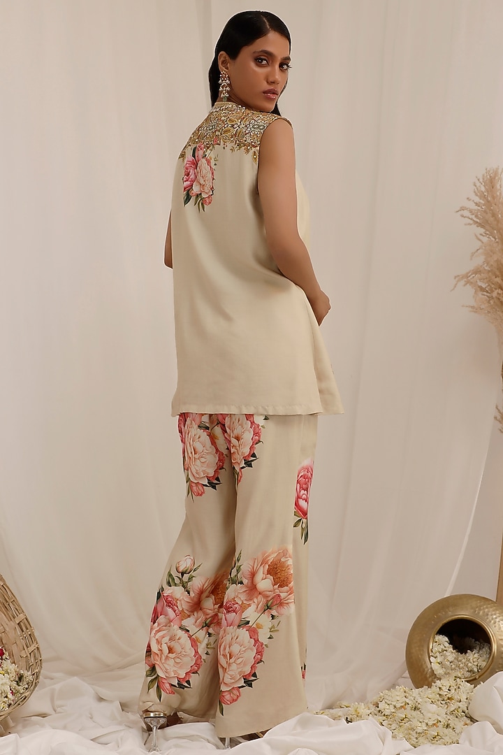Beige Muslin Floral Printed Jacket Set by Surkh Syahi at Pernia's Pop Up Shop