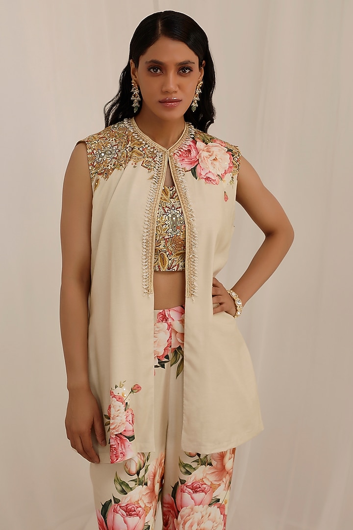 Beige Muslin Floral Printed Jacket Set by Surkh Syahi at Pernia's Pop Up Shop