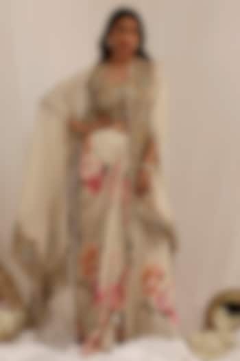 Beige Muslin Floral Printed & Mirror Embroidered Cape Set by Surkh Syahi at Pernia's Pop Up Shop