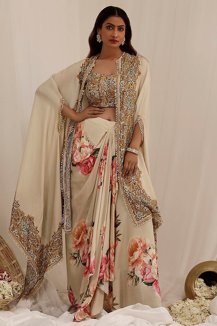 Beige Muslin Floral Printed & Mirror Embroidered Cape Set by Surkh Syahi at Pernia's Pop Up Shop