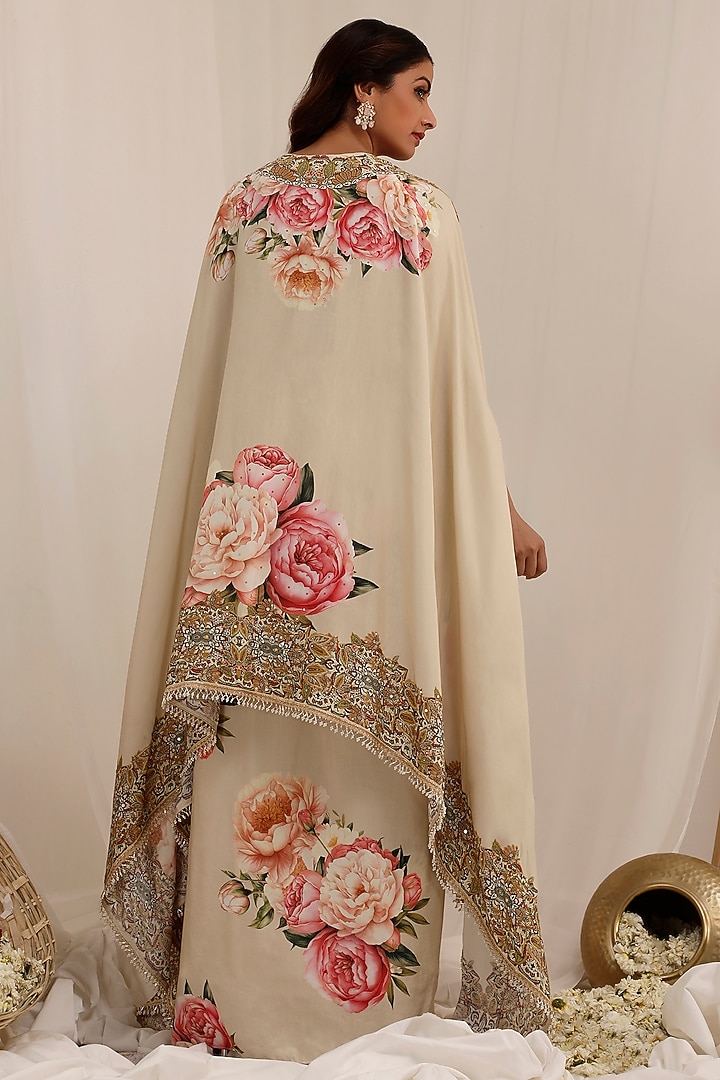 Beige Muslin Floral Printed Mirror Embroidered Cape Set by Surkh Syahi at Pernia's Pop Up Shop