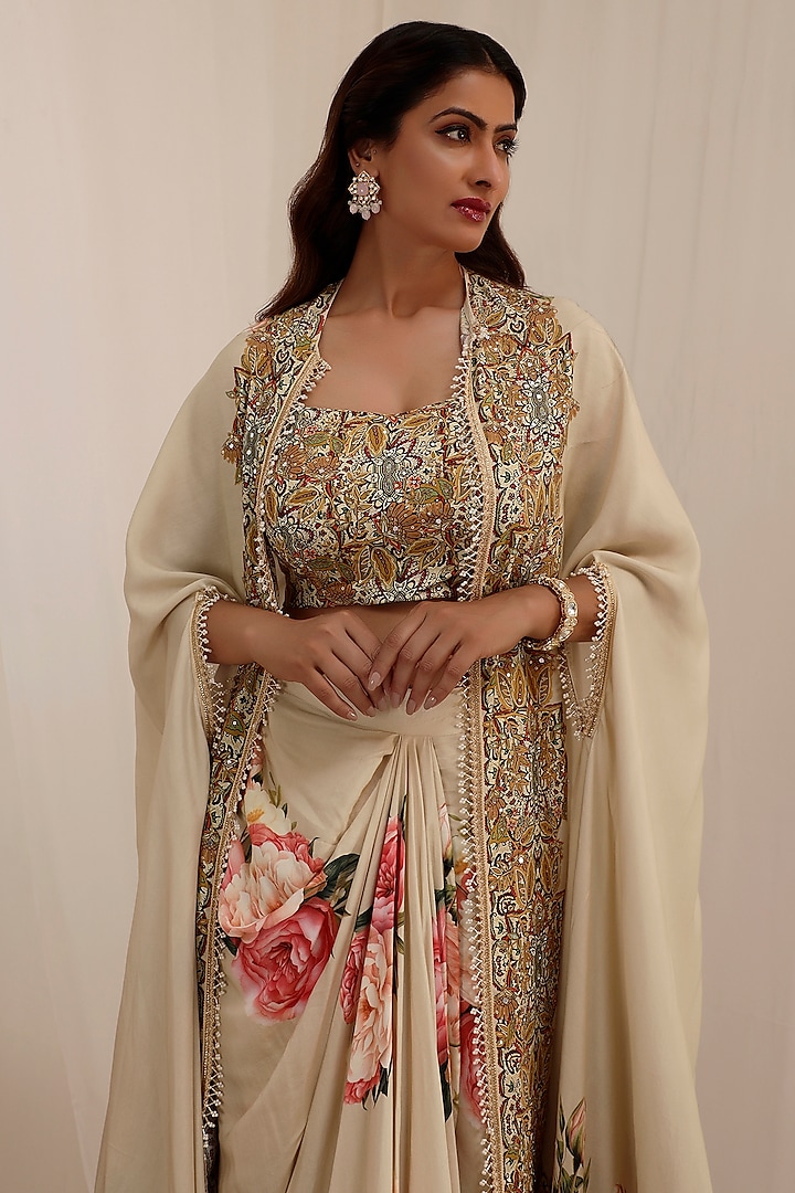 Beige Muslin Floral Printed Mirror Embroidered Cape Set by Surkh Syahi at Pernia's Pop Up Shop