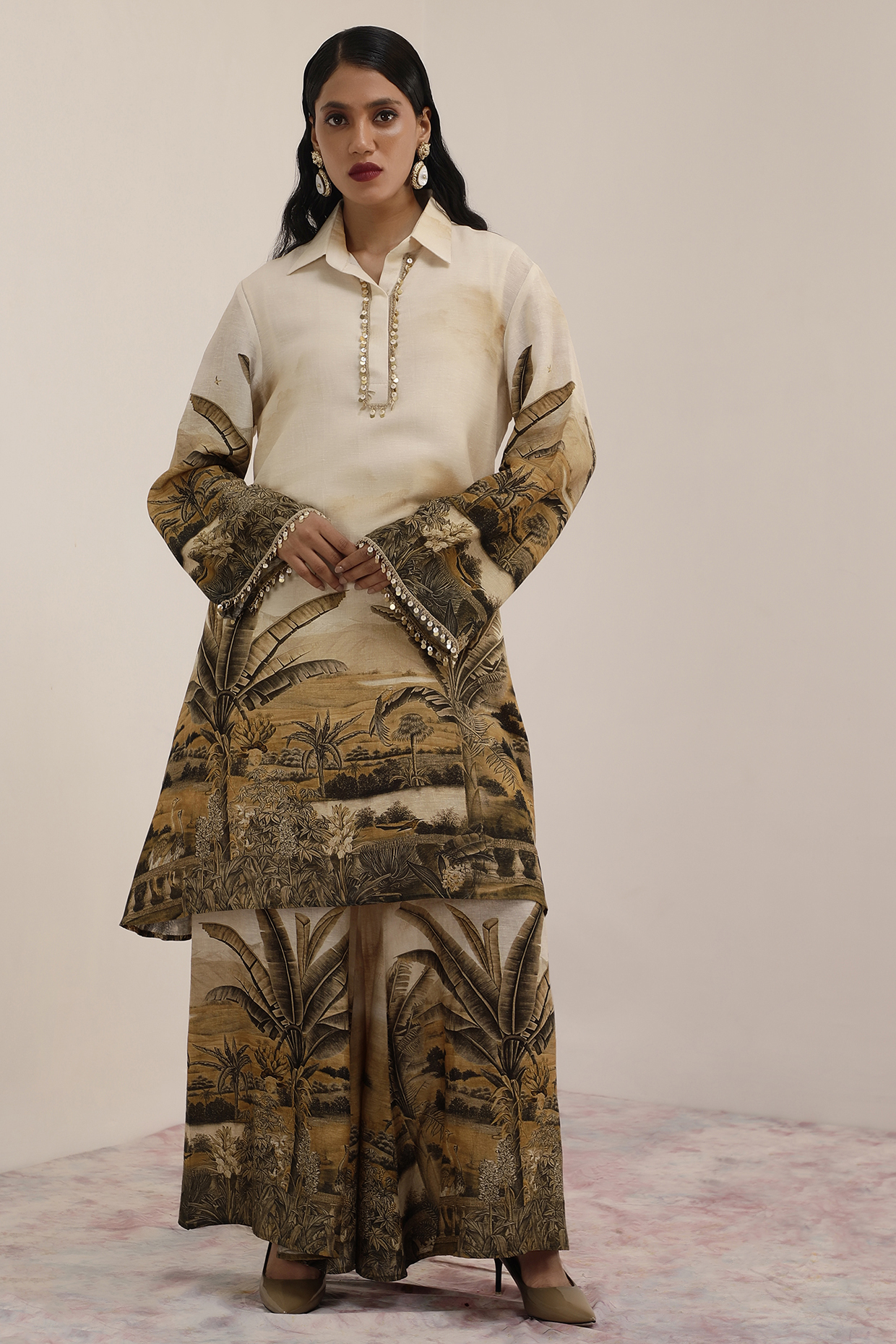 Monochromatic Premium Linen Printed Tunic Set by Surkh Syahi at Pernia's Pop Up Shop