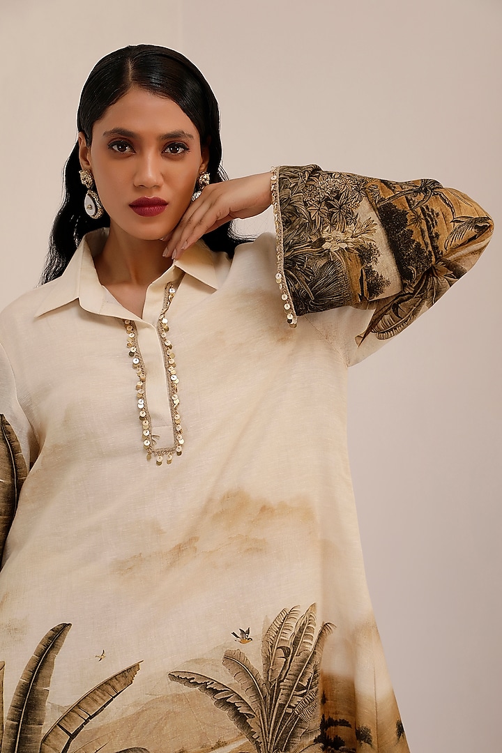 Monochromatic Premium Linen Printed Tunic Set by Surkh Syahi at Pernia's Pop Up Shop