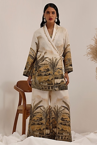 Monochromatic Premium Linen Printed Blazer Set by Surkh Syahi
