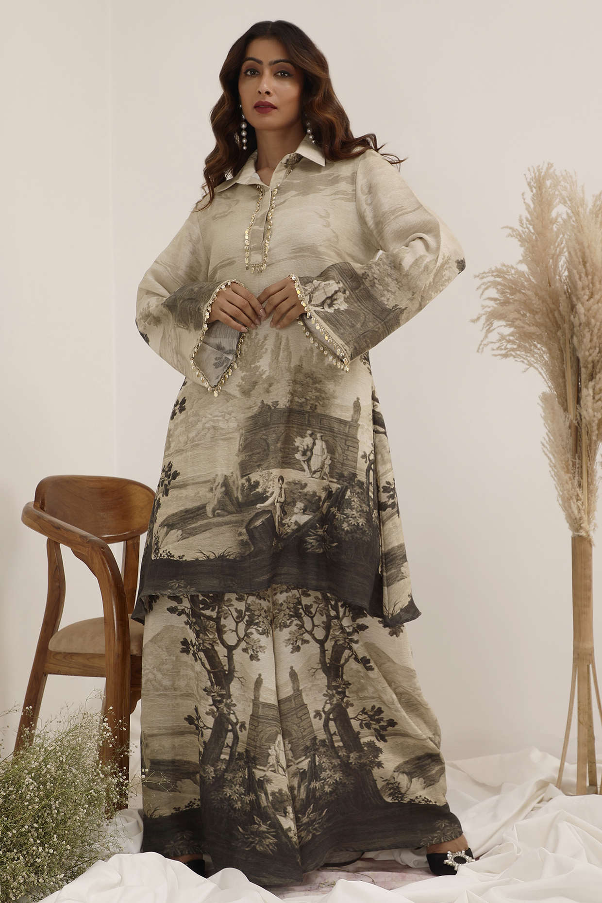 Monochromatic Premium Linen Printed Tunic Set by Surkh Syahi at Pernia's Pop Up Shop