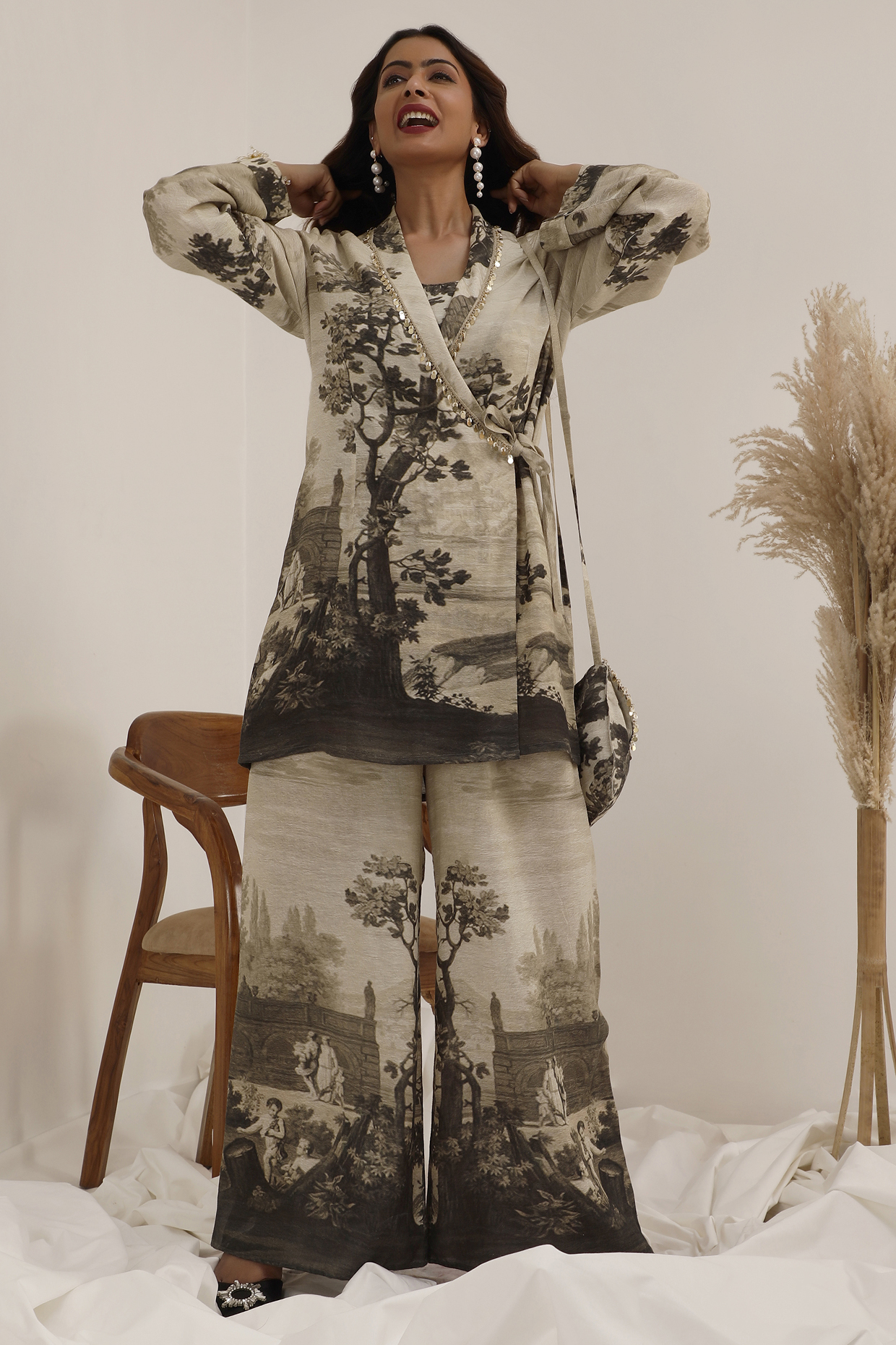 Monochromatic Premium Linen Printed Blazer Set by Surkh Syahi at Pernia's Pop Up Shop