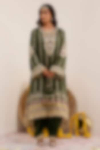 Olive Green Russian Cotton Silk Digital Printed A-Line Kurta Set by Surkh Syahi at Pernia's Pop Up Shop