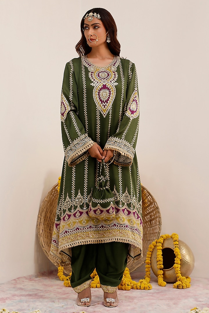 Olive Green Russian Cotton Silk Digital Printed A-Line Kurta Set by Surkh Syahi at Pernia's Pop Up Shop