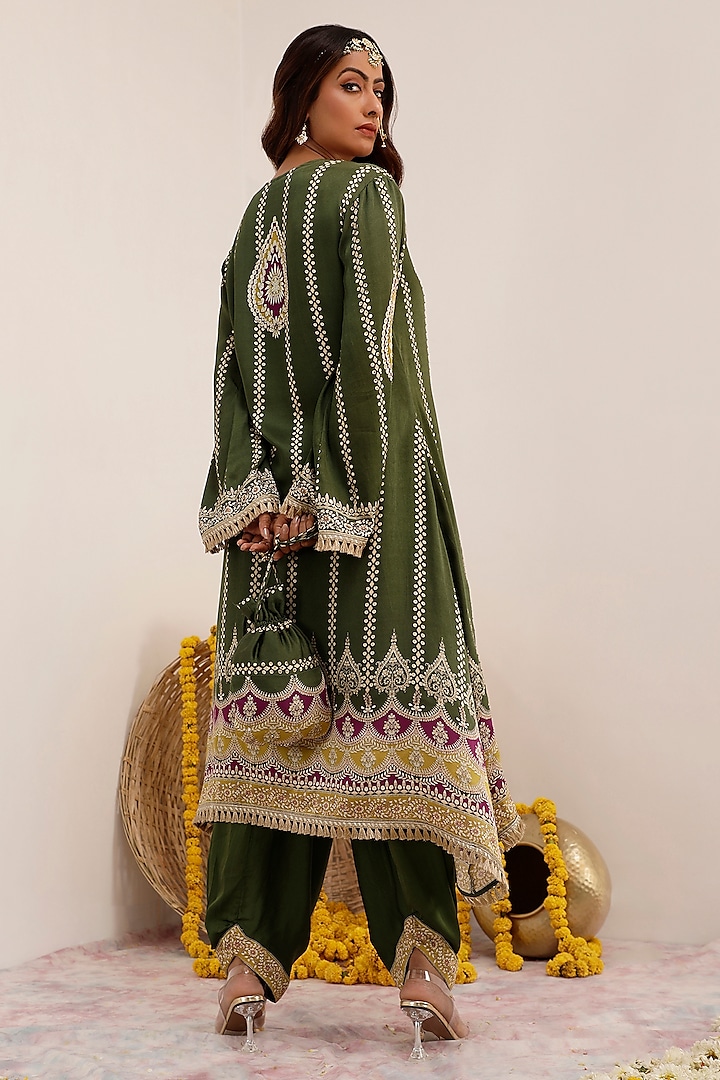 Olive Green Russian Cotton Silk Digital Printed A-Line Kurta Set by Surkh Syahi at Pernia's Pop Up Shop