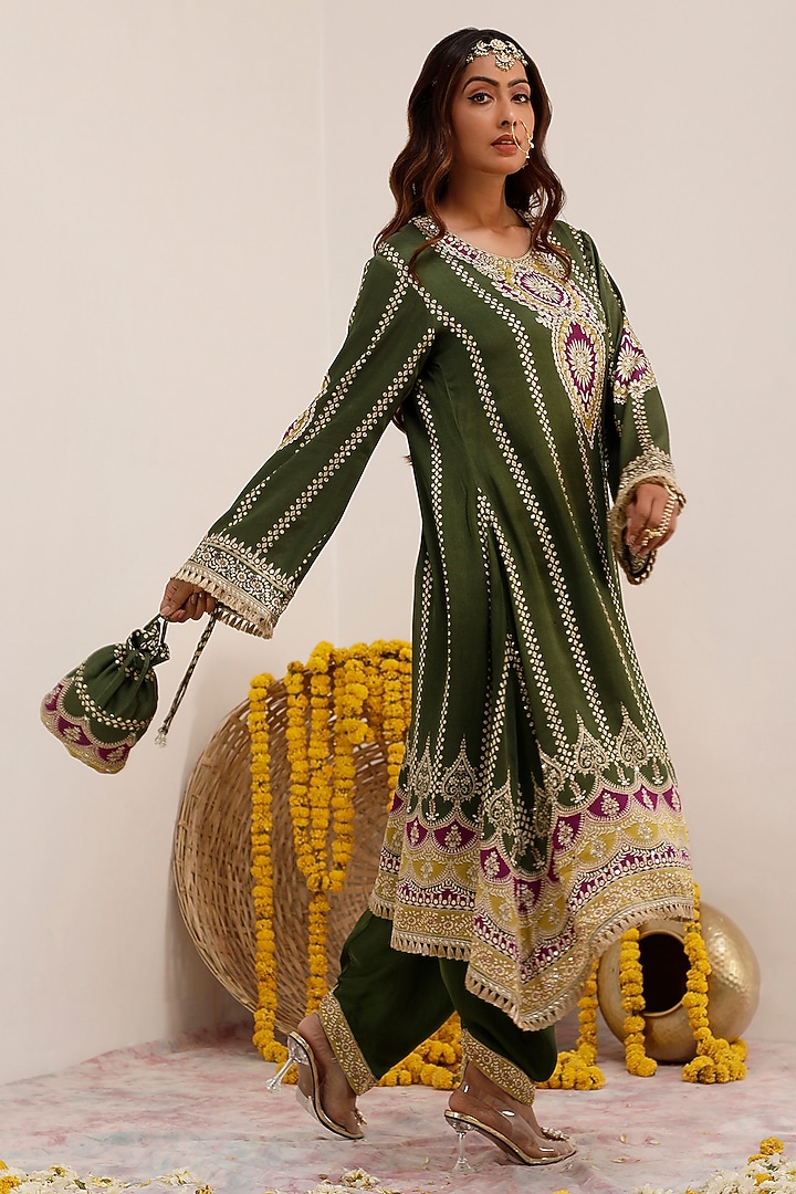 Olive Green Russian Cotton Silk Digital Printed A-Line Kurta Set by Surkh Syahi at Pernia's Pop Up Shop