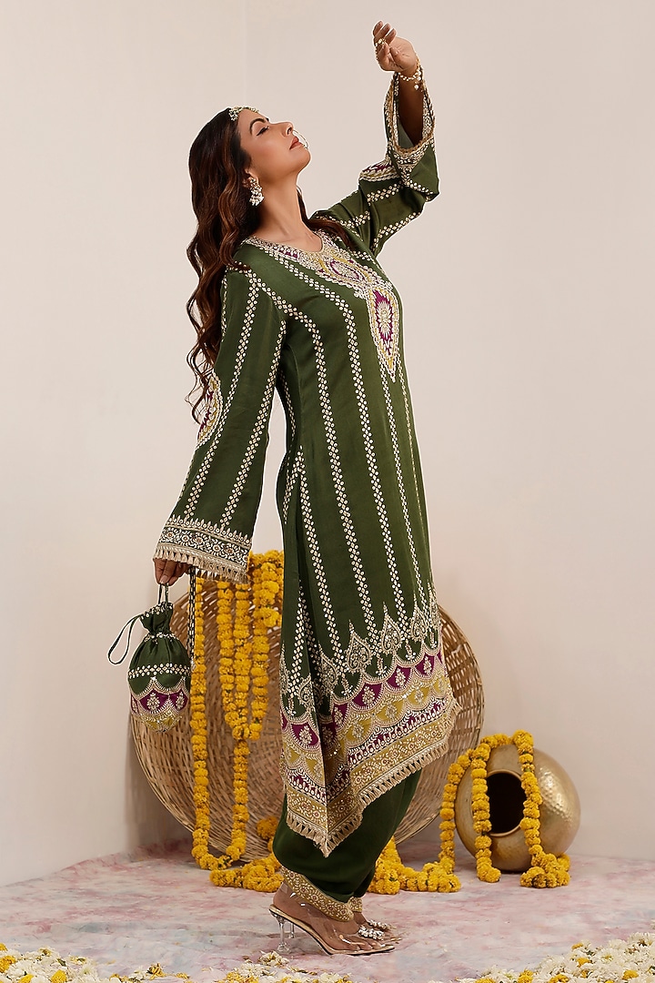 Olive Green Russian Cotton Silk Digital Printed A-Line Kurta Set by Surkh Syahi at Pernia's Pop Up Shop