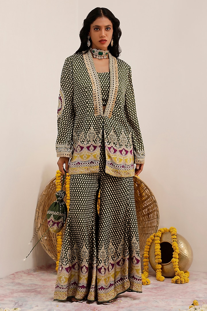 Olive Green Russian Cotton Silk Digital Printed Sharara Set by Surkh Syahi at Pernia's Pop Up Shop