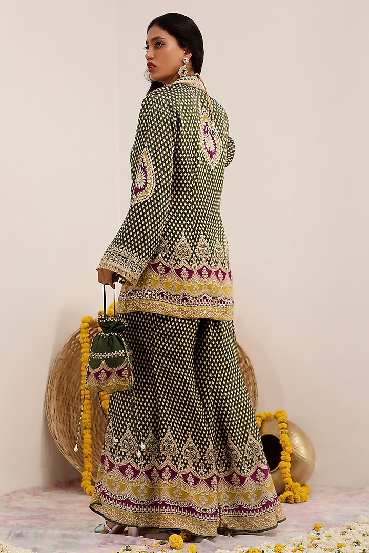 Olive Green Russian Cotton Silk Digital Printed Party Wear Sharara Set by Surkh Syahi at Pernia's Pop Up Shop