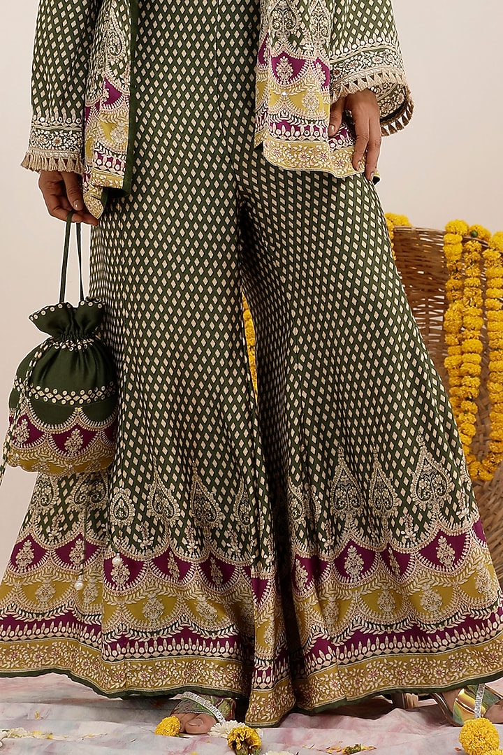 Olive Green Russian Cotton Silk Digital Printed Party Wear Sharara Set by Surkh Syahi at Pernia's Pop Up Shop