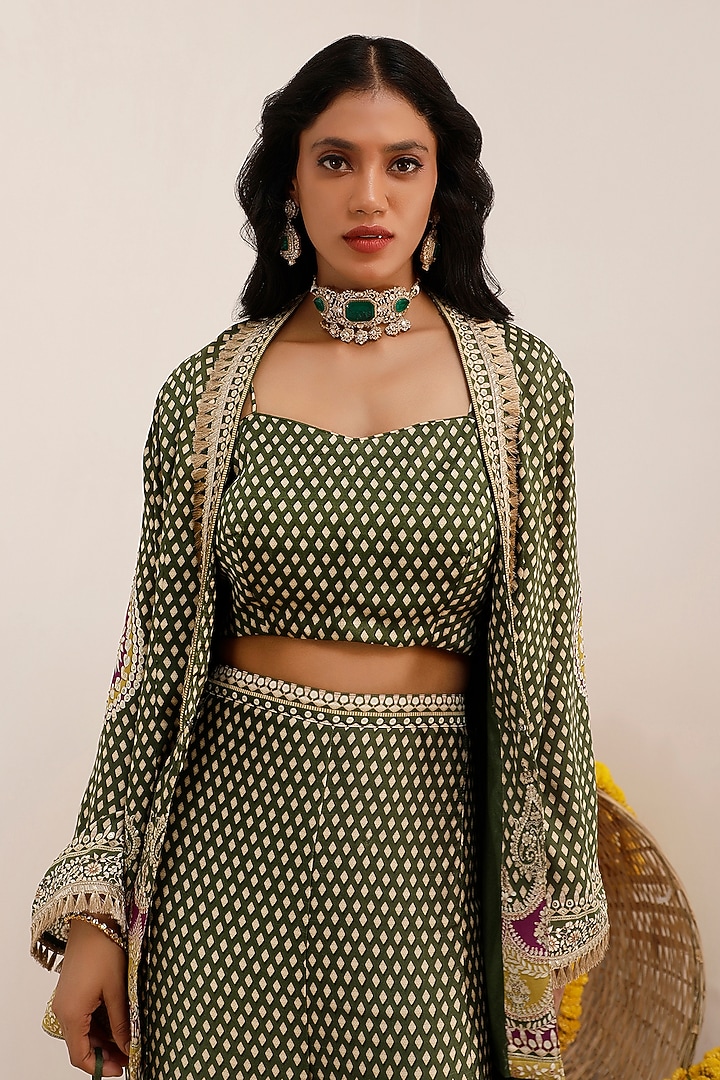 Olive Green Russian Cotton Silk Digital Printed Party Wear Sharara Set by Surkh Syahi at Pernia's Pop Up Shop