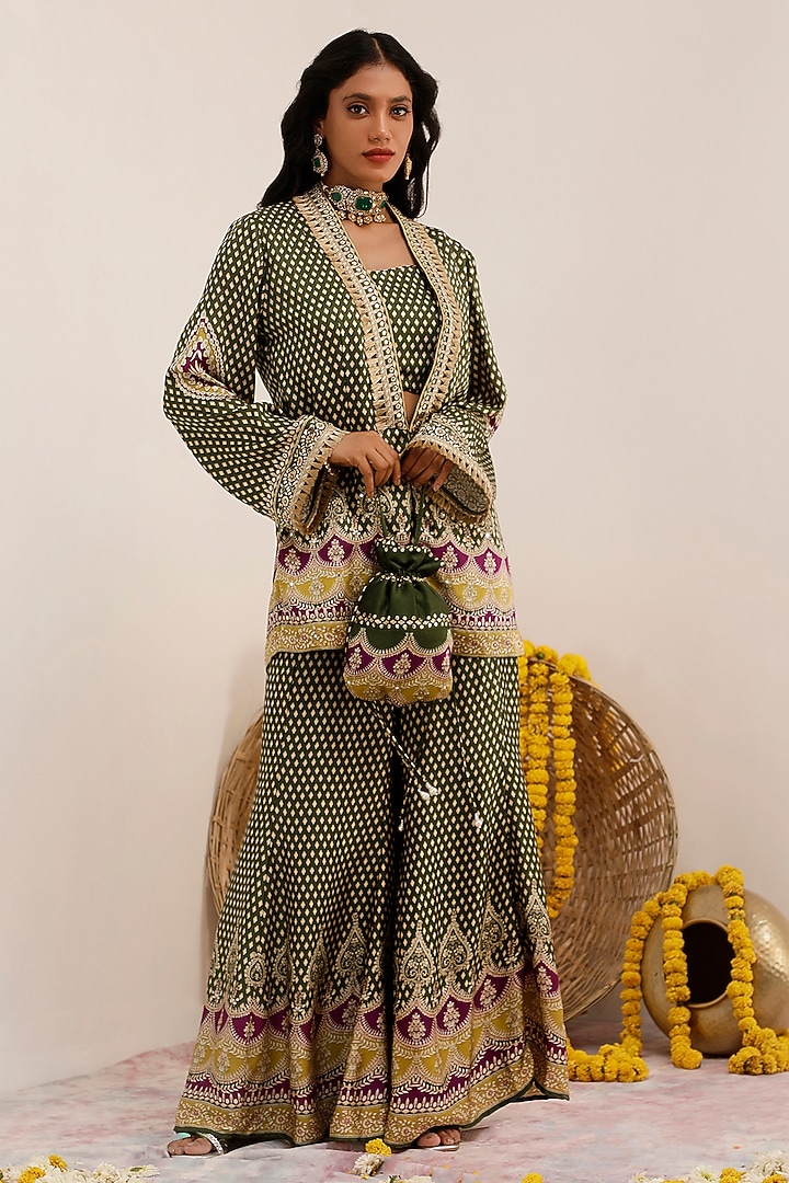 Olive Green Russian Cotton Silk Digital Printed Party Wear Sharara Set by Surkh Syahi at Pernia's Pop Up Shop