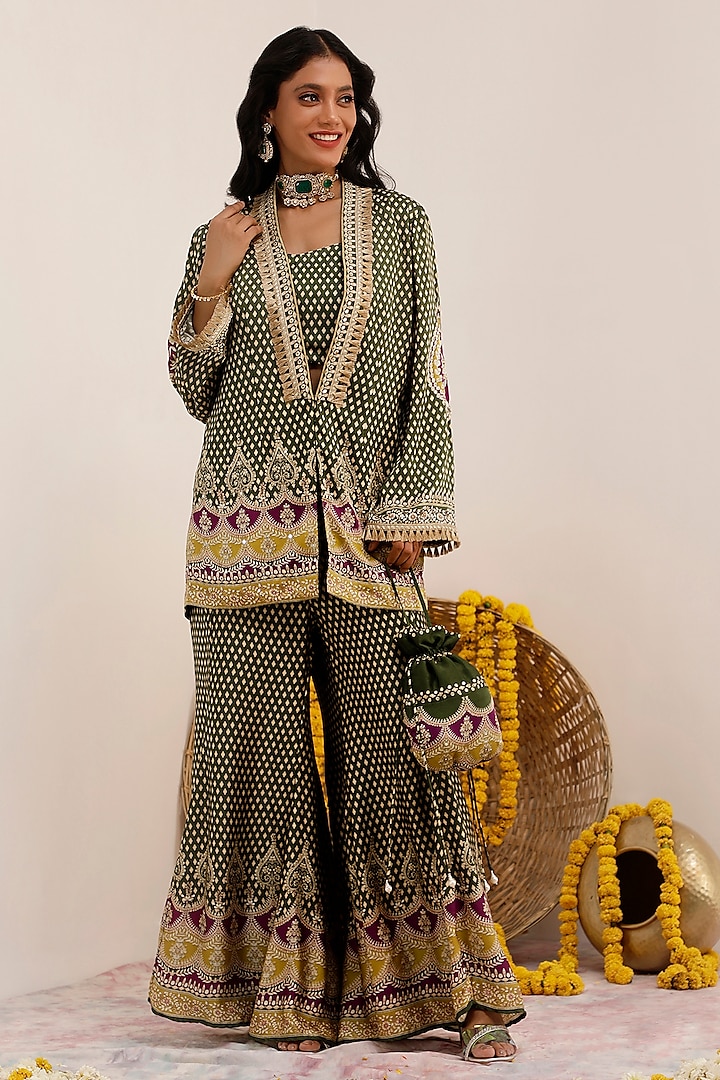 Olive Green Russian Cotton Silk Digital Printed Party Wear Sharara Set by Surkh Syahi at Pernia's Pop Up Shop