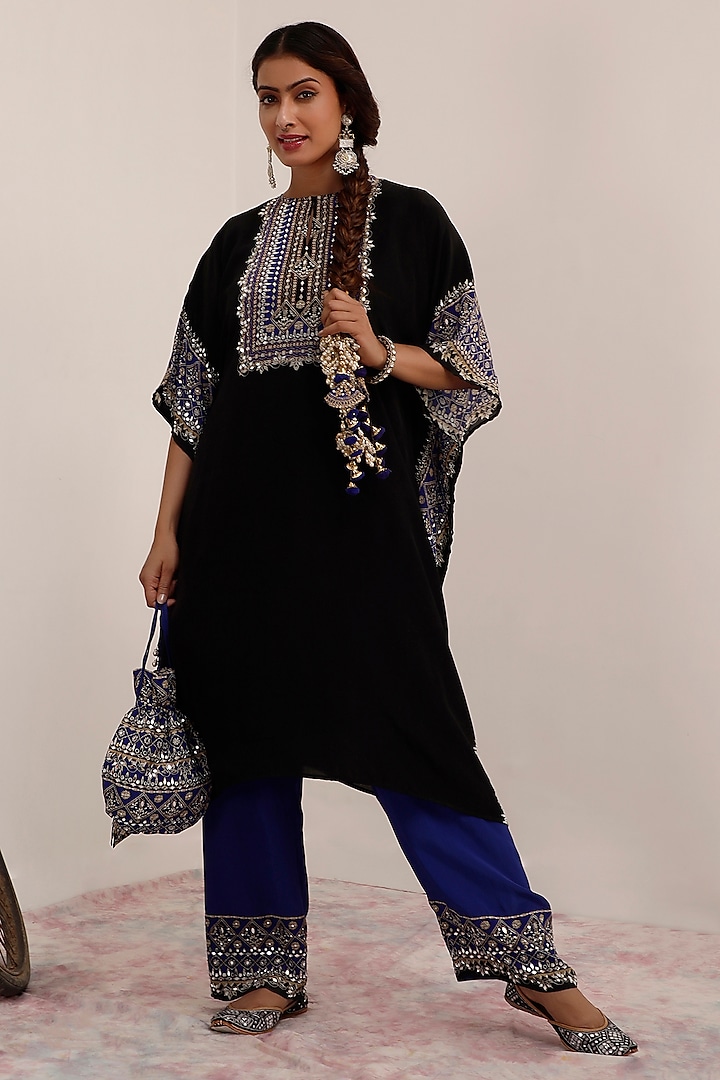 Black & Blue Crepe Color Blocked Kaftan Set by Surkh Syahi at Pernia's Pop Up Shop