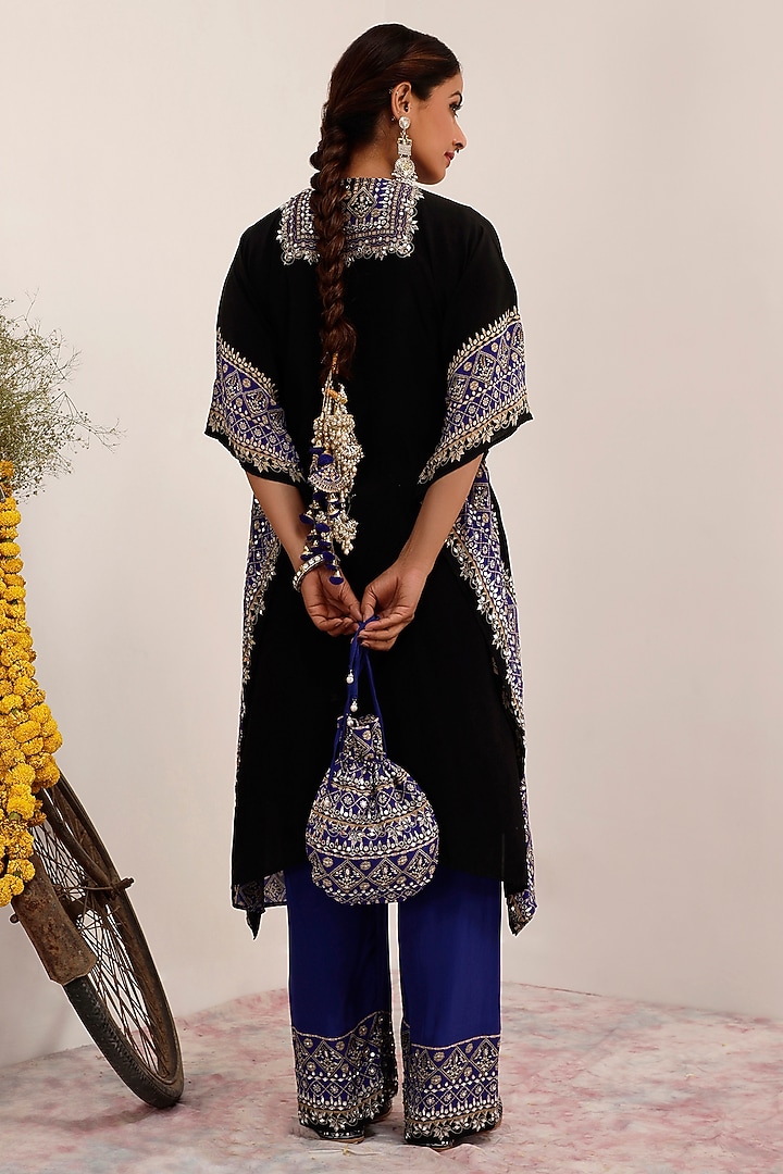 Black & Blue Crepe Color Blocked Kaftan Set by Surkh Syahi at Pernia's Pop Up Shop