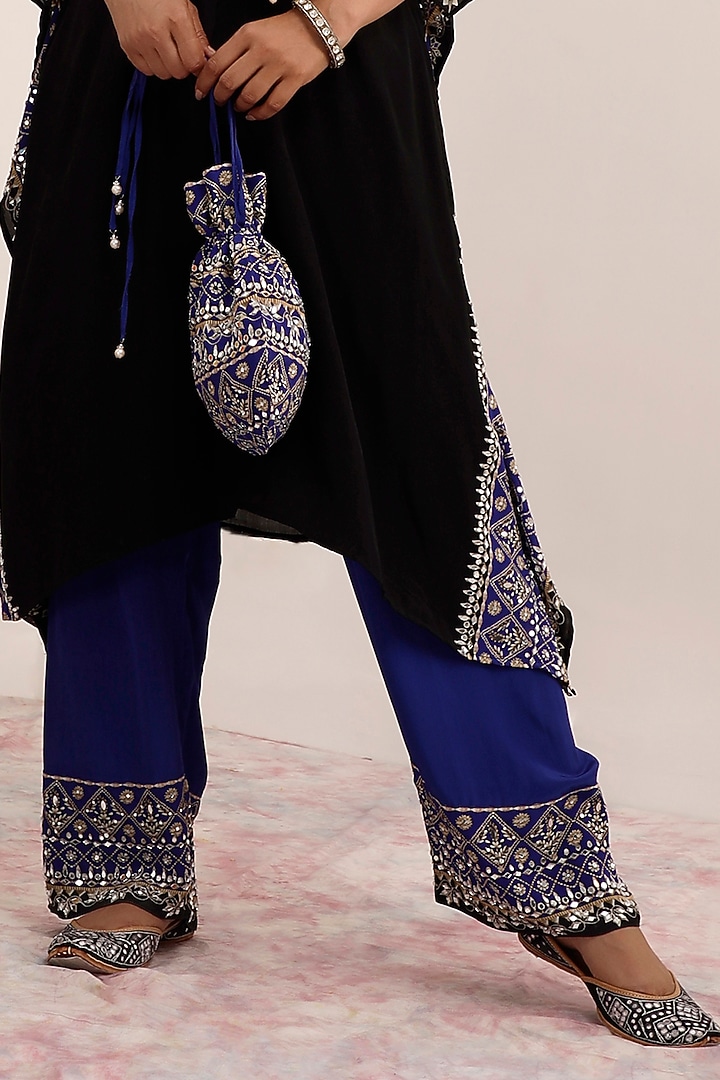 Black & Blue Crepe Color Blocked Kaftan Set by Surkh Syahi at Pernia's Pop Up Shop