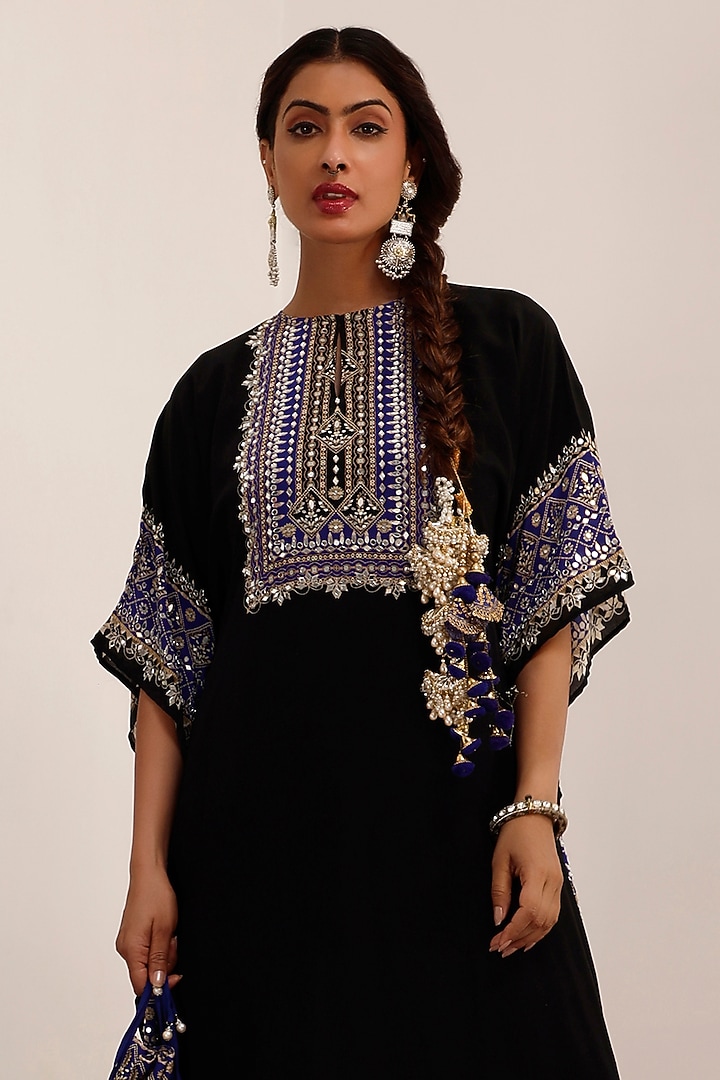 Black & Blue Crepe Color Blocked Kaftan Set by Surkh Syahi at Pernia's Pop Up Shop
