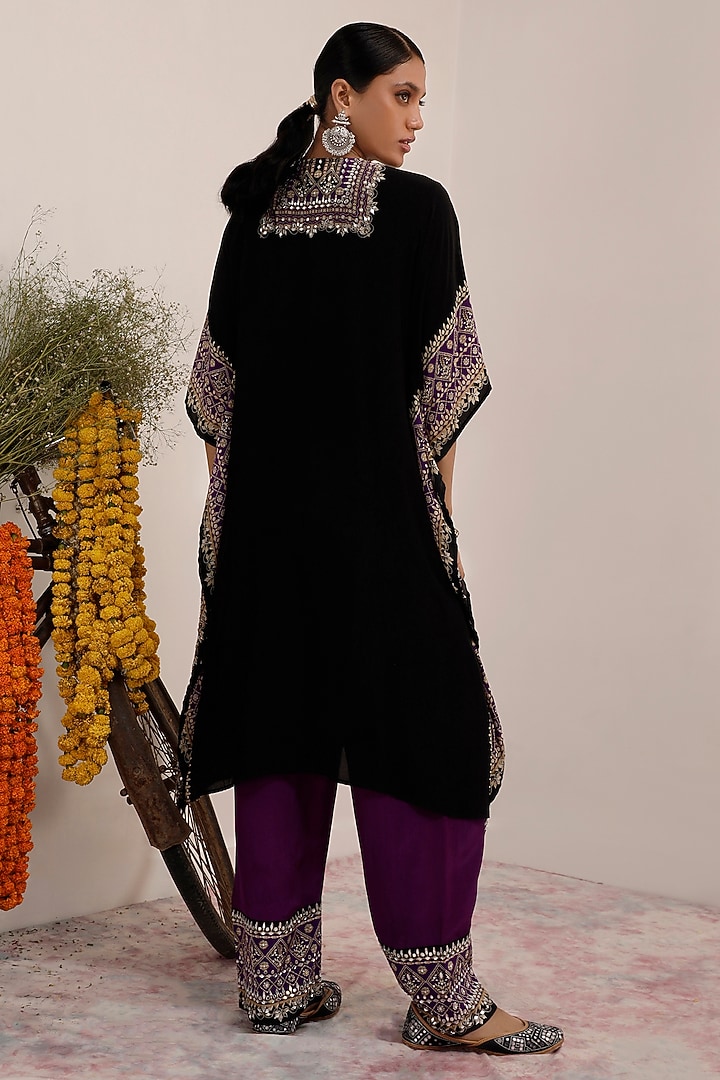 Black & Purple Crepe Color Blocked Kaftan Set by Surkh Syahi at Pernia's Pop Up Shop