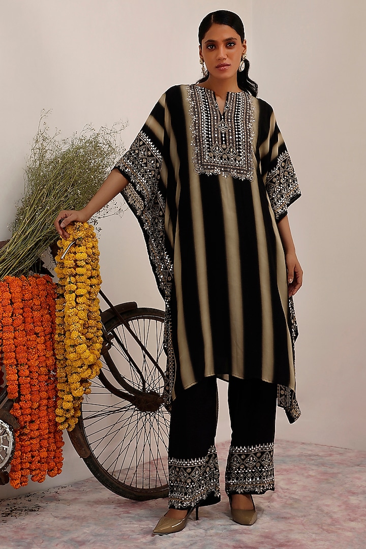 Black & Beige Crepe Striped Kaftan Set by Surkh Syahi at Pernia's Pop Up Shop